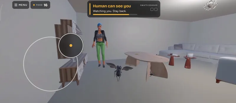 The fly hovers in the living room while the woman stands facing it in the distance. The panel reads “Human can see you”.