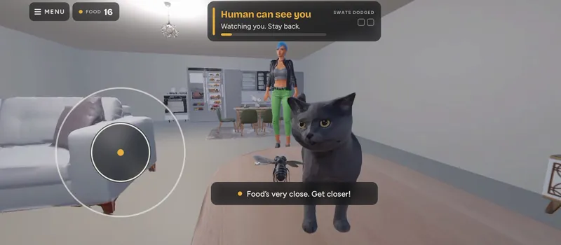 The black cat stares at the camera from the coffee table, right beside the hovering fly. The woman stands by the kitchen behind.