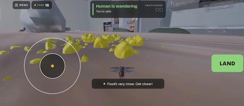 The fly flies low over a kitchen counter strewn with large yellow crumbs. The food hint reads “Food’s very close. Get closer!”