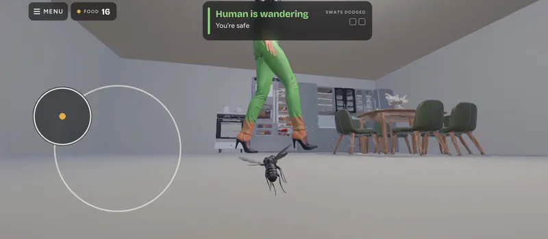 The woman’s legs in high heels stride past the fly, with the kitchen and dining chairs behind.
