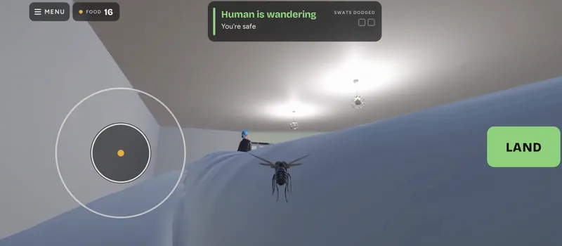 The fly about to land on the back of the sofa, the woman far off in the room. The LAND button is showing.