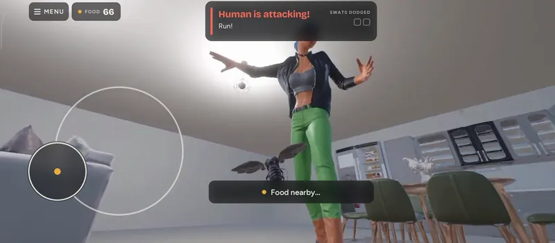In-game view at fly height: the woman in green trousers swings her arms at the fly in mid-air. The panel at the top reads “Human is attacking! Run!” in red.
