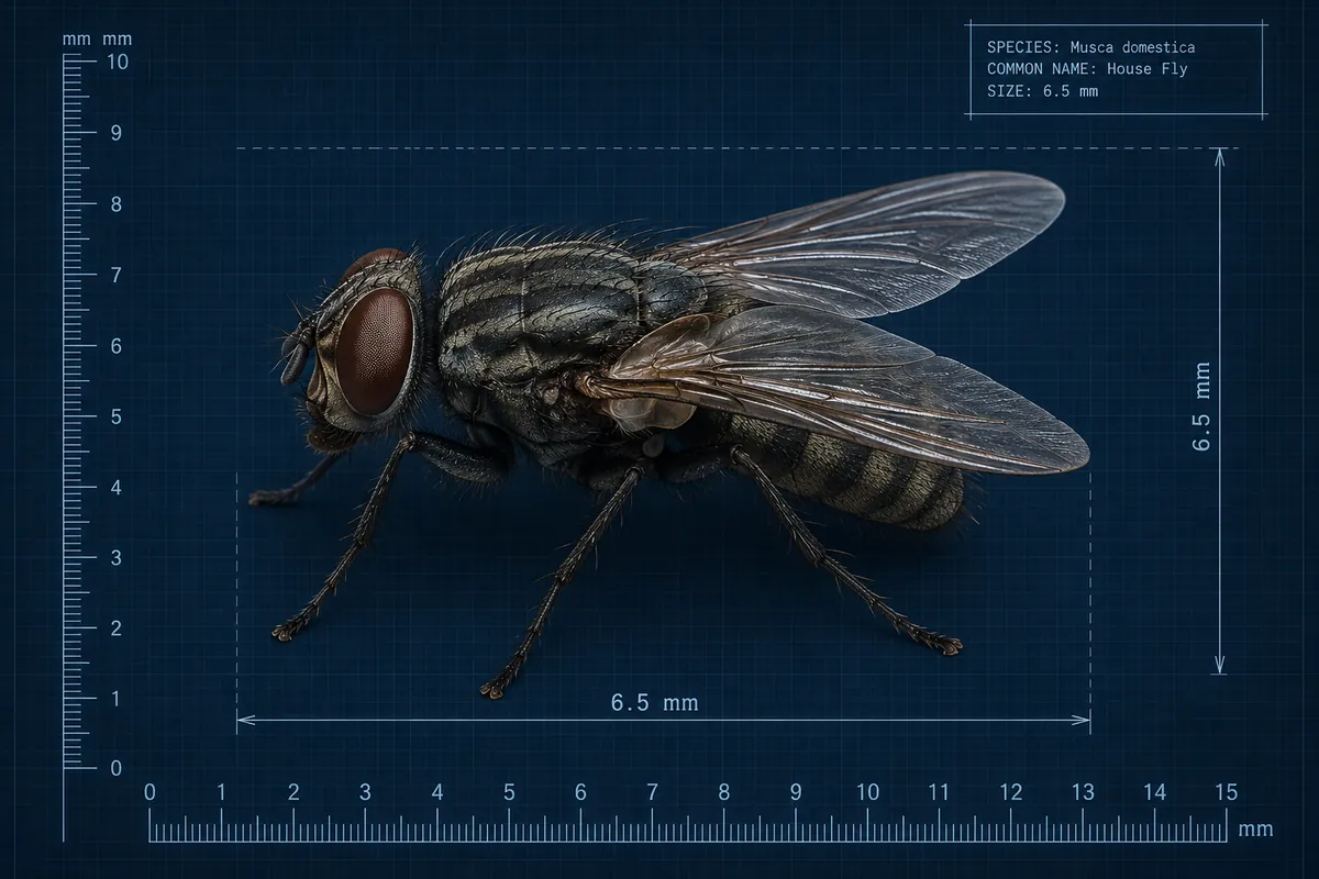 Blueprint-style specimen drawing of a house fly in side view, with measurement rulers