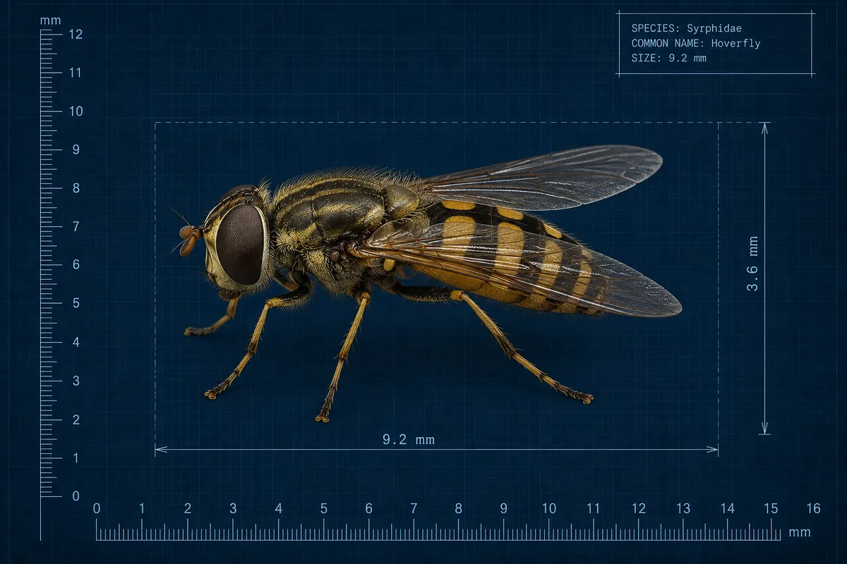 Concept art: blueprint-style drawing of a hoverfly with wasp-like yellow and black stripes, with measurement rulers.