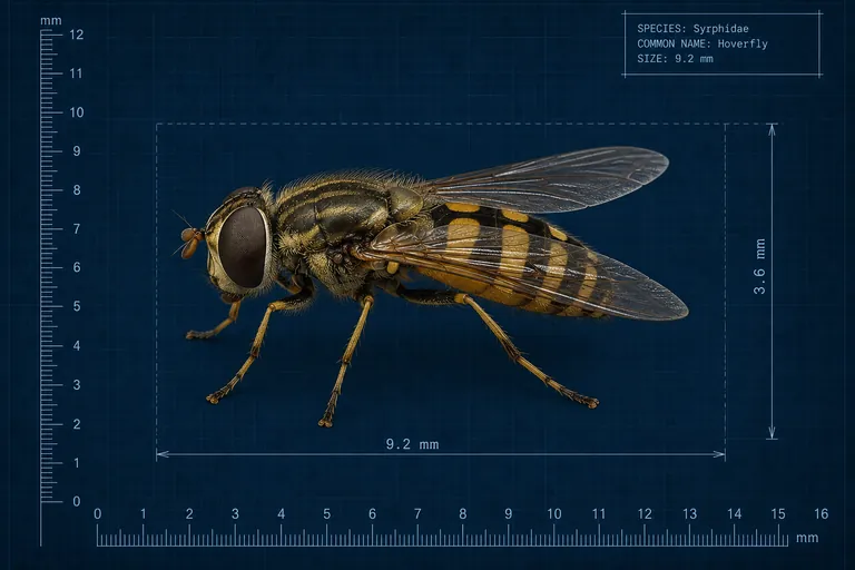 Blueprint specimen drawing of a hoverfly with wasp-like yellow and black stripes