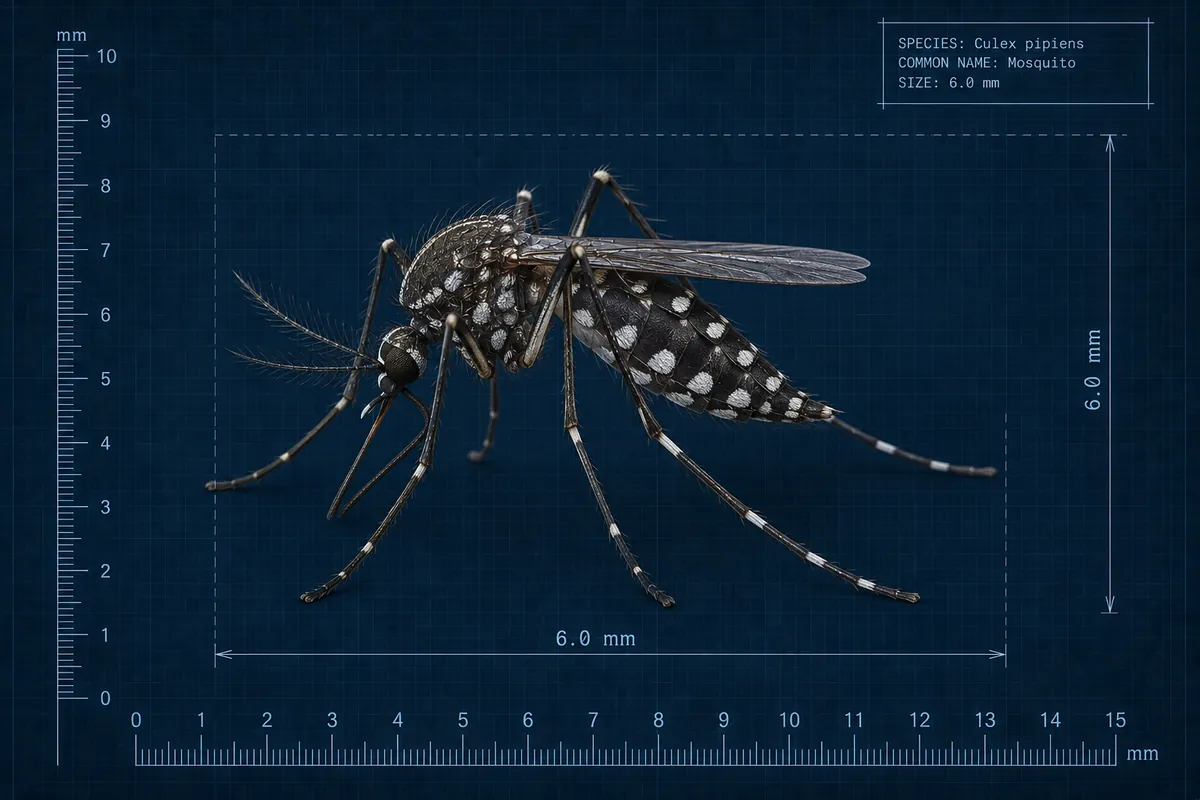 Concept art: blueprint-style drawing of a striped mosquito in side view, with measurement rulers.